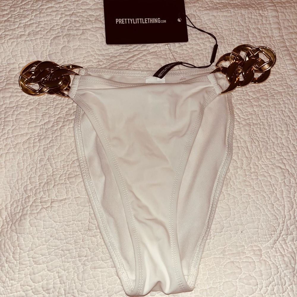 PrettyLittleThing White Bikini Bottoms with Gold Accents